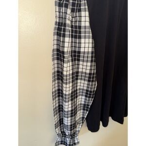 LOFT Black Ribbed Knit Mixed Media Plaid Puff Sleeve Top Size S